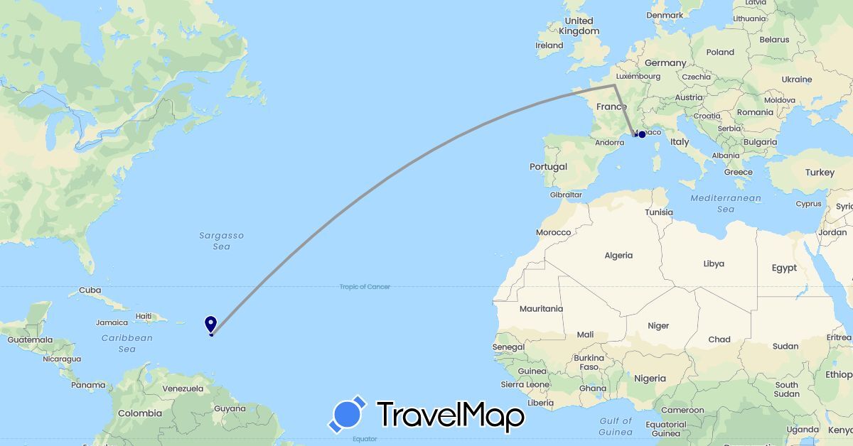 TravelMap itinerary: driving, plane in France, Guadeloupe (Europe, North America)